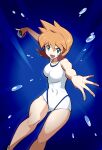  &gt;:) 1girl :d bangs blue_eyes breasts commentary_request competition_swimsuit covered_navel highres holding holding_poke_ball looking_at_viewer misty_(pokemon) one-piece_swimsuit open_mouth orange_hair poke_ball pokemon pokemon_(game) pokemon_hgss sakuraidai sandals short_hair smile solo swimsuit v-shaped_eyebrows 