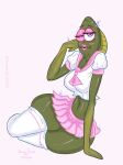  2020 amandadarko anthro bedroom_eyes blush bottomwear breasts cleavage clothed clothing crossdressing cursed_image fin fish fred_(spongebob) green_body green_skin hand_on_face japanese_school_uniform leggings legwear lips male marine narrowed_eyes nickelodeon one_eye_closed pink_background pink_bottomwear pink_clothing pink_eyelids pink_lips pink_skirt pink_text purple_eyes seductive serafuku signature simple_background skirt small_waist solo spongebob_squarepants text thick_thighs what what_has_art_done where_is_your_god_now white_clothing white_leggings white_legwear why wink 