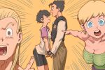  2boys 2girls ac120 bike_shorts black_hair blonde_hair breasts cleavage dragon_ball dragon_ball_z earrings fingerless_gloves gloves hair_slicked_back holding_hands hoop_earrings ireza jewelry large_breasts meme multiple_boys multiple_girls open_mouth sharpner short_hair smile son_gohan spiked_hair strapless tube_top two_soyjaks_pointing_(meme) videl 