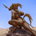  1:1 ais05 anthro braided_hair breasts brown_body butt equid equine female hair hi_res holding_object holding_spear holding_weapon horse mammal melee_weapon polearm solo spear weapon 