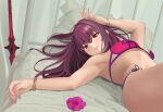  1girl absurdres bangs bare_shoulders bikini bracelet breasts fate/grand_order fate_(series) gae_bolg_(fate) hair_between_eyes highres jewelry long_hair looking_at_viewer lying medium_breasts on_back polearm purple_bikini purple_hair quatthro red_eyes scathach_(fate) scathach_(swimsuit_assassin)_(fate) smile solo spear swimsuit weapon 