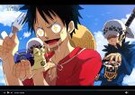  &gt;:) 2boys anger_vein annoyed black_hair clenched_teeth den_den_mushi drooling fake_screenshot fork fur_hat fur_trim hat hat_removed headwear_removed holding holding_fork holding_sword holding_weapon long_sleeves male_focus monkey_d._luffy multiple_boys one_piece open_clothes open_mouth open_shirt outdoors red_shirt scar scar_on_face sheath sheathed shirt snail sparkling_eyes straw_hat sword teeth trafalgar_law v-shaped_eyebrows weapon x.hyo 