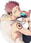  1boy adjusting_shirt arm_tattoo black_hair black_nails extra_eyes facial_tattoo food highres jujutsu_kaisen looking_at_another looking_at_viewer male_focus mon_(mooooon_day) multicolored_hair pink_hair popsicle red_eyes ryoumen_sukuna_(jujutsu_kaisen) shirt short_hair sitting solo spiked_hair sweat tank_top tattoo two-tone_hair undercut white_background 