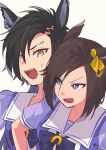  2girls absurdres air_groove_(umamusume) air_shakur_(umamusume) animal_ears black_hair brown_hair eyebrow_piercing highres horse_ears horse_girl long_hair looking_at_another medium_hair multiple_girls open_mouth parted_bangs piercing puffy_short_sleeves puffy_sleeves purple_eyes purple_shirt sailor_collar school_uniform sharp_teeth shirt short_sleeves sweatdrop teeth tracen_school_uniform umamusume upper_body upper_teeth_only v-shaped_eyebrows yellow_eyes zhu_(nitamagr) 