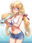 1girl blonde_hair blue_eyes blue_shorts breasts brown_headwear closed_mouth colette_brunel folks_(nabokof) hat holding holding_clothes holding_hat long_hair looking_at_viewer low_twintails medium_breasts midriff navel shorts smile solo straw_hat tales_of_(series) tales_of_symphonia twintails 