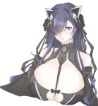  1girl august_von_parseval_(azur_lane) azur_lane bare_shoulders black_horns breasts cleavage clothing_cutout curled_horns gigantic_breasts hair_over_one_eye highres horns komemugi long_hair looking_at_viewer mechanical_horns purple_eyes purple_hair shoulder_cutout simple_background skindentation solo upper_body white_background 