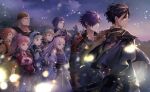  4girls 5boys armor bandana bangs black_capelet black_hair black_hairband black_shirt blonde_hair blue_dress breasts capelet claude_von_riegan cleavage closed_mouth cloud cloudy_sky commentary corset cowboy_shot dress expressionless fire_emblem fire_emblem:_three_houses fire_emblem_warriors:_three_hopes flower frilled_sleeves frills from_side gauntlets glasses gloves gold_trim green_eyes green_hair grey_hair hair_over_one_eye hairband hilda_valentine_goneril ignatz_victor leonie_pinelli light_blue_hair light_particles long_hair long_sleeves lorenz_hellman_gloucester lysithea_von_ordelia marianne_von_edmund medium_breasts multiple_boys multiple_girls official_alternate_costume official_alternate_hairstyle orange_eyes orange_hair orange_shirt outdoors parted_bangs pink_dress pink_eyes pink_hair ponytail profile puffy_long_sleeves puffy_sleeves purple_dress purple_eyes purple_hair raphael_kirsten red_eyes red_gloves rose round_eyewear saku_(soreca49) shez_(fire_emblem) shez_(fire_emblem)_(male) shirt short_hair shoulder_armor sky small_breasts smile standing straight_hair sunlight tassel underbust wind yellow_capelet 