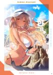  1girl alternate_costume beach bikini blonde_hair blue_sky blush breasts character_name cleavage closed_mouth cloud cloudy_sky commentary copyright_name criss-cross_halter dark-skinned_female dark_skin day elfriend_(shiranui_flare) frilled_cuffs full_body hair_between_eyes halterneck hand_on_headwear hat highres hololive large_breasts light_rays long_hair looking_at_viewer multicolored_hair navel nidaime_(doronbo) outdoors page_number pointy_ears red_eyes sand_castle sand_sculpture shiranui_flare shovel side-tie_bikini sitting sky smile solo stomach streaked_hair string_bikini sun_hat sunlight swimsuit two-tone_hair virtual_youtuber white_bikini white_hair white_headwear wrist_cuffs 