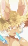  1other :3 animal_ears brown_fur chachi_(azuzu) commentary_request ears_through_headwear fangs food furry hair_between_eyes hands_up hat holding holding_food horizontal_pupils incoming_food looking_at_viewer made_in_abyss multiple_sources nanachi_(made_in_abyss) open_mouth other_focus short_hair simple_background solo straw_hat sun_hat topless tupet upper_body whiskers white_background white_hair yellow_eyes 
