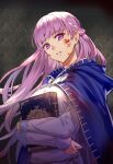  1girl absurdres belly_chain blood blood_on_face blue_dress book braid cloak commission commissioner_upload dress fire_emblem fire_emblem:_the_binding_blade french_braid highres holding holding_book jewelry long_dress long_hair long_sleeves non-web_source open_mouth purple_eyes purple_hair qitoli skeb_commission solo sophia_(fire_emblem) very_long_hair 