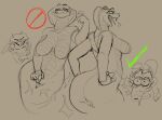  2022 3_fingers 5_fingers alien anthro apode belly_scales big_breasts big_butt breasts butt cobra crossed_arms draconcopode duo eyes_closed fangs featureless_breasts female fingers front_view genitals grin hair hands_on_hips hi_res lagomorph legless leporid loki_(lowkeytoast) lowkey_nottoast male mammal monochrome naga navel non-mammal_breasts open_mouth open_smile pictographics pussy rabbit reptile scales scalie serpentine short_hair side_view simple_background sketch smile snake snake_hood tan_background tongue tongue_out viper wide_hips 