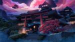  absurdres architecture building bush cloud cloudy_sky commentary_request east_asian_architecture full_moon highres inuyasha lantern moon mountain night night_sky no_humans outdoors paper_lantern scenery sky stairs star_(sky) stone_wall torii tree wall xi_chen_chen 