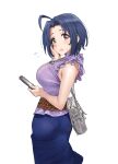  1girl ahoge bangs blue_skirt blush breasts dark_blue_hair flying_sweatdrops forehead hamedoragon hand_on_own_cheek hand_on_own_face holding holding_phone idolmaster idolmaster_(classic) large_breasts looking_at_viewer miura_azusa pantylines parted_bangs phone purple_shirt red_eyes ribbed_shirt shirt simple_background skirt sleeveless sleeveless_shirt solo sweatdrop twisted_torso white_background white_bag 