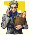  1boy bag baguette bangs blonde_hair blue_shirt bread collared_shirt commentary_request dress_shirt food formal grmms_otk grocery_bag holding holding_phone jacket jujutsu_kaisen korean_commentary long_sleeves looking_to_the_side male_focus nanami_kento necktie phone round_eyewear shirt shopping_bag short_hair smile solo standing suit sunglasses talking_on_phone upper_body 