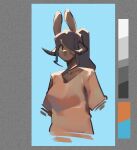  2022 anthro brown_body brown_eyes brown_fur brown_hair bust_portrait clothed clothing color_swatch female fur hair hair_over_eye hi_res horn lagomorph leporid looking_at_viewer mammal one_eye_obstructed ponytail portrait rabbit shirt smile solo spikedmauler spikedmauler_(fursona) t-shirt tied_hair topwear 