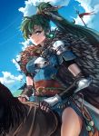  1girl anonamos army black_gloves breasts cape cloud cloudy_sky day dress earrings elbow_gloves feathers fire_emblem fire_emblem:_rekka_no_ken fire_emblem_heroes fur_cape glint gloves green_eyes green_hair hair_feathers highres horseback_riding jewelry katana long_hair looking_at_viewer lyndis_(fire_emblem) medium_breasts nintendo polearm ponytail riding saddle sash short_sleeves shoulder_armor sky smile spear sword thighs weapon wrist_guards 