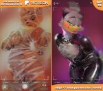 ambiguous_gender anatid anseriform anthro avian bird clothed clothing cosplay crossdressing domestic_cat duck duo english_text felid feline felis halloween holidays latex latex_clothing latex_skinsuit male male/male mammal mummy_costume mummy_wrappings oselotti oselotti_(character) patreon quill_wonderfowl rubber_clothing skinsuit text tight_clothing undressing wonderfowl