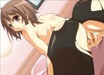  ass bed brown_eyes brown_hair censored covering covering_crotch dutch_angle from_behind hair_ornament hairclip hirasawa_yui k-on! looking_back no_panties pantyhose pussy shin'ya_(nanp) short_hair smile solo topless torn_clothes torn_legwear 