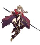  1girl absurdres alternate_costume armor armored_boots armored_dress boots braid breasts brown_eyes cape circlet cleavage ebinku effie_(fire_emblem) eyebrows_visible_through_hair fire_emblem fire_emblem_echoes:_mou_hitori_no_eiyuuou full_body high_heel_boots high_heels highres light_brown_hair looking_at_viewer medium_breasts medium_hair navel navel_cutout nintendo outstretched_hand pelvic_curtain polearm purple_legwear sidelocks simple_background smile solo thigh_boots thighhighs thighs twin_braids weapon white_background 