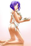  apron ass barefoot blue_eyes blue_hair breasts ciel curry flat_ass food glasses kneeling large_breasts naked_apron nude satsuki_mikazu sideboob sidelocks solo tsukihime 