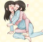  2girls bangs bernard-jou_iwaku. black_hair blush eyes_closed heart hug hug_from_behind kanbayashi_shiori long_hair machida_sawako meis_(terameisu) multiple_girls pajamas short_hair smile sweatdrop yuri 