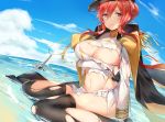  1girl arm_under_breasts azur_lane bangs beach black_gloves black_legwear blue_sky blush braid breasts cannon cloud coat damaged epaulettes eyebrows_visible_through_hair floating_hair ginn_(hzh770121) gloves hair_between_eyes hair_bun half_gloves hat jacket_on_shoulders jewelry large_breasts long_hair looking_at_viewer military_hat military_jacket monarch_(azur_lane) navel ocean outdoors parted_lips peaked_cap pleated_skirt red_hair sand sidelocks sitting skirt sky solo stomach thighhighs thighs torn_clothes wariza wind wind_lift 