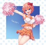  1girl :d armpits bare_shoulders blue_eyes bow breasts character_name cheerleader collarbone commentary doki_doki_literature_club eyebrows_visible_through_hair hair_between_eyes hair_bow medium_breasts midriff navel open_mouth orange_hair orange_skirt outstretched_arm pleated_skirt polka_dot polka_dot_background pom_poms red_bow sayori_(doki_doki_literature_club) short_hair skirt smile solo sophie_albatou sweat tank_top 