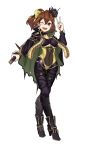  1girl absurdres alternate_costume black_legwear bodysuit boots bow breasts brown_eyes brown_hair cape covered_navel dyute_(fire_emblem) ebinku eyebrows_visible_through_hair fang fire_emblem fire_emblem_echoes:_mou_hitori_no_eiyuuou flower full_body hair_between_eyes hair_bow hair_flower hair_ornament high_heel_boots high_heels highres long_sleeves looking_at_viewer medium_breasts medium_hair nintendo one_eye_closed open_mouth ponytail shoulder_armor simple_background skin_tight smile solo standing sword v weapon white_background 