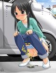  akiyama_mio black_eyes black_hair blush cameo car ground_vehicle homare_(suzu_no_oka) k-on! motor_vehicle panties panty_pull pee peeing pussy shoes solo squatting striped striped_panties tainaka_ritsu translated uncensored underwear 