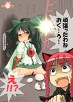  absurdres animal_ears bad_id bad_pixiv_id braid breath brown_eyes cat_ears egg egg_laying fangs green_hair hamahara_yoshio highres kaenbyou_rin multiple_girls no_panties pussy pussy_juice red_hair reiuji_utsuho spread_legs touhou translated twintails upskirt 