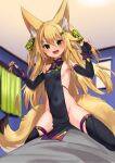  1girl :d animal_ears armpits arms_up bare_shoulders black_dress black_gloves black_legwear blonde_hair breasts claw_pose covered_navel dress elbow_gloves fingerless_gloves fox_ears fox_girl fox_tail gloves green_eyes highres kokonoe_tsubaki long_hair looking_at_viewer multiple_tails no_bra no_panties original pelvic_curtain revealing_clothes sideless_outfit sitting sleeveless sleeveless_dress small_breasts smile solo spread_legs tail thighhighs thighs two_side_up two_tails v-shaped_eyebrows yoshizawa_tsubaki 