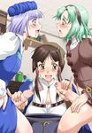  atelier_(series) atelier_lilie atelier_lilie_another_story blue_eyes blush bottomless brown_eyes brown_hair double_handjob dress eye_contact foreskin futa_with_female futanari gekka_kaguya_(urabata) green_hair hairband handjob happy_sex hat hermina_(atelier) ingrid_(atelier) lavender_hair lilie_(atelier) looking_at_another multiple_girls multiple_penises open_mouth penis pinky_out purple_hair saliva short_hair silver_eyes uncensored 