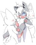 ambiguous_gender anthro blue_eyes blush bodily_fluids canid canine carrying_another changed_(video_game) cheesefries erection fin fish genital_fluids genitals goo_creature grey_body hair hi_res licking mammal marine multicolored_body open_mouth pawpads shark shark_tail simple_background stripes tail tears teeth the_shark_(changed) tongue white_body white_hair