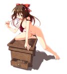  bad_id bad_pixiv_id barefoot bow box brown_eyes brown_hair donation_box feet flat_chest gohei hair_bow hakurei_reimu hands licking long_hair money naughty_face nude one_eye_closed onemu pussy_juice saliva solo tongue touhou 