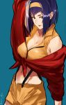  blue_background blue_hair breasts character_request cleavage collarbone copyright_request green_eyes hairband highres isshiki_(ffmania7) large_breasts looking_at_viewer midriff navel pants shirt short_hair signature simple_background sleeveless sleeveless_shirt twitter_username yellow_hairband yellow_pants yellow_shirt 