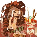  bad_id bad_pixiv_id cake cape cream earrings elbow_gloves feet flat_chest food fruit gloves hat heterochromia itsukia jewelry long_hair mismatched_legwear naughty_face nipple_piercing nipples original parfait pastry piercing pointy_ears pov_feet solo spoon strawberry striped striped_legwear thighhighs tongue wafer wafer_stick white_hair witch_hat 