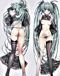  aqua_eyes aqua_hair ass asymmetrical_clothes blush bra bra_lift breastless_clothes breasts cameltoe dakimakura detached_sleeves g-string hatsune_miku highres lingerie long_hair medium_breasts multiple_views nail_polish nipples open_clothes open_shirt panties pubic_hair shirt side-tie_panties single_thighhigh tears thighhighs thong twintails underwear undressing urushihara_satoshi very_long_hair vocaloid 