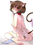  animal_ears anus barefoot breasts brown_hair cat_ears choker condom feet finger_to_mouth kojima_saya large_breasts licking looking_back nipples no_panties orange_eyes original panties panties_around_one_leg pussy short_hair sitting solo striped striped_panties tail tears underwear used_condom wariza 