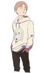  1boy animal_print black_pants brown_hair character_request cropped_legs dog_print drawstring hands_in_pockets hood hood_down hoodie male_focus mari-mason mob_psycho_100 official_style open_mouth pants short_hair simple_background solo thick_eyebrows white_background white_hoodie 