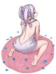  1girl absurdres all_fours ass bare_back bare_shoulders barefoot blue_nails blue_petals butt_crack dimples_of_venus elf feet fingernails frieren from_above from_behind highres long_hair meme_attire petals pointy_ears raid_(donghyeok) simple_background soles solo sousou_no_frieren thighhighs toes twintails virgin_destroyer_sweater virgin_killer_sweater white_background white_hair 