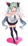  1girl :o black_legwear black_neckwear black_skirt collarbone commentary_request full_body green_eyes green_hair hair_ornament hand_on_hip hatsune_miku heart index_finger_raised leaning_forward long_hair looking_at_viewer miniskirt nagu neck_ribbon no_shoes parted_lips pleated_skirt ribbon shirt short_sleeves sidelocks simple_background skirt solo standing star thighhighs twintails twitter_username v-shaped_eyebrows very_long_hair vocaloid wavy_hair white_background white_shirt world_is_mine_(vocaloid) zettai_ryouiki 