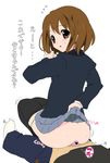  1girl ass brown_eyes brown_hair buttjob censored girl_on_top green_panties heart heart_censor hetero hirasawa_yui itou_life k-on! looking_back panties panty_pull pantyhose pantyhose_pull penis reverse_cowgirl_position school_uniform skirt skirt_lift straddling translated trembling underwear 