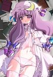  angeltype bad_id bad_pixiv_id blush crescent cum hat long_hair panties patchouli_knowledge purple_eyes purple_hair solo thighhighs touhou underwear 