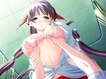  blush bow bow_bra bra breast_grab breasts ceiling cowgirl_position game_cg girl_on_top grabbing hand_in_bra hiide large_breasts lingerie long_hair open_clothes open_shirt pink_bra pov shirt solo_focus straddling underwear yotsunoha yuzuki_iori 