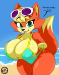  2022 absurd_res animal_crossing anthro audie_(animal_crossing) bikini canid canine canis clothing dialogue digital_media_(artwork) dipstick_tail english_text eyewear female hair hi_res looking_at_viewer mammal markings nintendo nr_ac outside solo swimwear tail_markings text video_games wolf 
