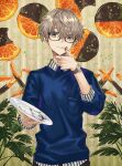  1boy black-framed_eyewear black_pants blue_shirt breast_pocket chocolate chocolate_on_hand collared_shirt earrings food food-themed_background food_on_hand fruit glasses grey_hair hair_between_eyes highres holding holding_plate jewelry licking licking_finger looking_at_viewer male_focus mito_itsuki mixed-language_commentary orange_(fruit) orange_slice orangette original pants patterned_background pistachio plant plate pocket shirt short_hair single_earring solo striped striped_shirt stud_earrings sweatshirt thumbs_up tongue tongue_out upper_body watch white_shirt wristwatch yellow_eyes 