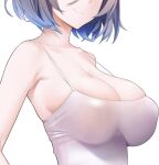  1girl blue_hair breast_focus breasts camisole cleavage closed_mouth collarbone head_out_of_frame kanzaki_muyu large_breasts no_bra original short_hair solo upper_body white_background 
