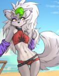  absurd_res anthro beach belt bottomwear bra breasts canid canine canis clothing collar digital_media_(artwork) ear_piercing ear_ring female five_nights_at_freddy&#039;s five_nights_at_freddy&#039;s:_security_breach fur hair hi_res long_hair mammal outside panties piercing ring_piercing roxanne_wolf_(fnaf) scottgames sea seaside sky solo spiked_collar spikes standing swimwear tinygaypirate topwear underwear video_games water white_body white_fur white_hair wolf 