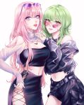  2girls bangs belt blue_eyes breasts criss-cross_halter eyelashes eyewear_on_head green_eyes green_hair gumi halter_top halterneck hand_around_waist hand_on_another&#039;s_shoulder highres jewelry large_breasts lipstick long_hair looking_at_viewer makeup medium_hair megurine_luka midriff multiple_girls nail_polish navel necklace pink-tinted_eyewear pink_hair purple-tinted_eyewear sapphirez39 shorts shrug_(clothing) simple_background smile strapless sunglasses tinted_eyewear tube_top very_long_hair vocaloid white_background 