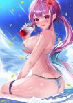  1girl absurdres asphalt494 ass bangs bikini blue_hair blush breasts butt_crack colored_inner_hair hair_ribbon halter_top halterneck highres hololive large_breasts long_hair looking_at_viewer median_furrow minato_aqua multicolored_hair open_mouth outdoors pink_hair purple_eyes purple_hair ribbon sitting solo streaked_hair striped striped_bikini swimsuit thigh_strap twintails two-tone_hair virtual_youtuber wariza 